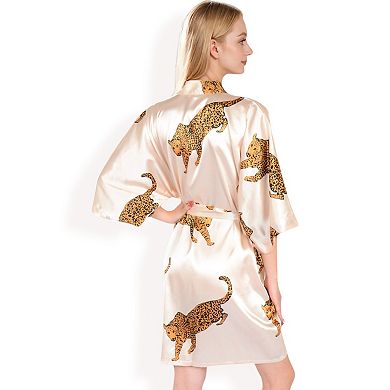 Women's Satin Robe with Leopard Print and Tie Waist