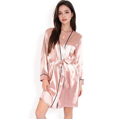 Women's Satin Short Robe with Contrast Piping and Tie Waist