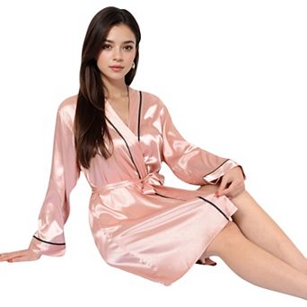 Women's Satin Short Robe with Contrast Piping and Tie Waist
