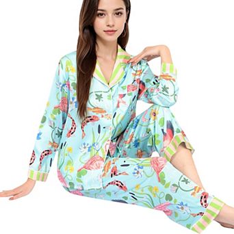 Women's Satin Pajama Set with Tropical Flamingo Print and Waist Tie