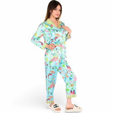 Women's Satin Pajama Set with Tropical Flamingo Print and Waist Tie