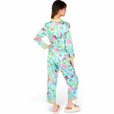 Women's Satin Pajama Set with Tropical Flamingo Print and Waist Tie