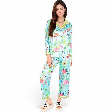 Women's Satin Pajama Set with Tropical Flamingo Print and Waist Tie