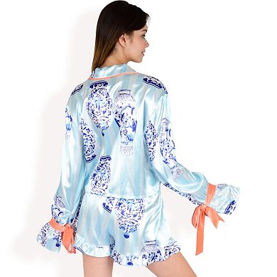 Women's Porcelain Print Satin Pajama Set with Contrast Trim and Tie Details