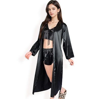 Women's Satin Pajama Set with Long Robe, Cami, Shorts, and Tie Waist