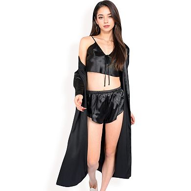 Women's Satin Pajama Set with Long Robe, Cami, Shorts, and Tie Waist
