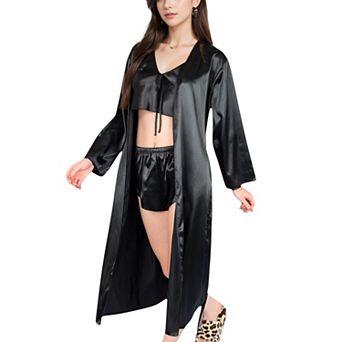 Women's Satin Pajama Set with Long Robe, Cami, Shorts, and Tie Waist