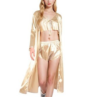 Women's Satin Pajama Set with Long Robe, Cami, Shorts, and Tie Waist