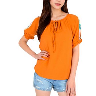 Women's Short Sleeve Peasant Top with Embroidered Shoulder Details and Tie Neck