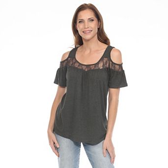 Women's Cold Shoulder Lace Trim Knit Top