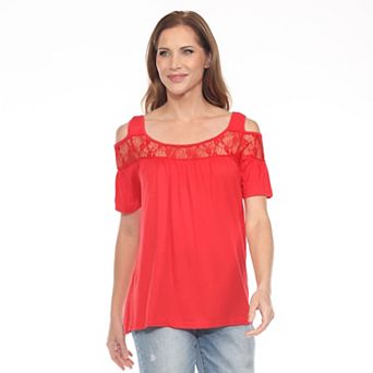 Women's Cold Shoulder Lace Trim Knit Top