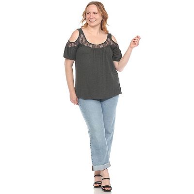売れ筋商品|||ホワイトマーク カットソー トップス レディース Plus Size Cold Shoulder Lace Trim Knit Top Charcoal Plus Size Cold Shoulder Lace Trim Knit Top