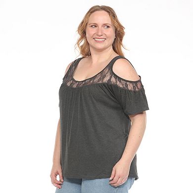 Plus Size Cold Shoulder Lace Trim Knit Top