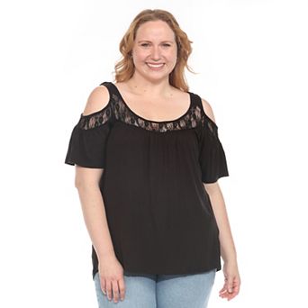 Plus Size Cold Shoulder Lace Trim Knit Top