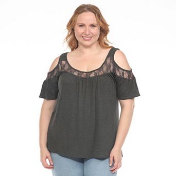 Plus Size Cold Shoulder Lace Trim Knit Top