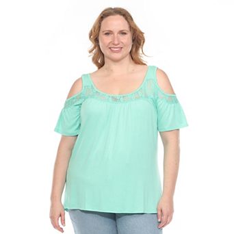 Plus Size Cold Shoulder Lace Trim Knit Top