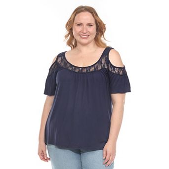 Plus Size Cold Shoulder Lace Trim Knit Top