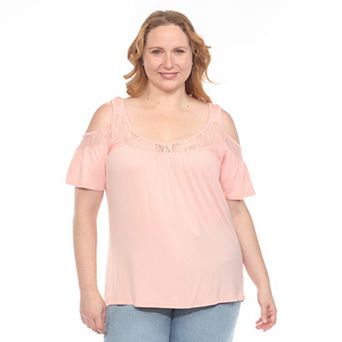 Plus Size Cold Shoulder Lace Trim Knit Top