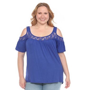 Plus Size Cold Shoulder Lace Trim Knit Top