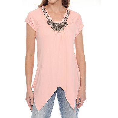 Women's Beaded Angled Hem Knit Top