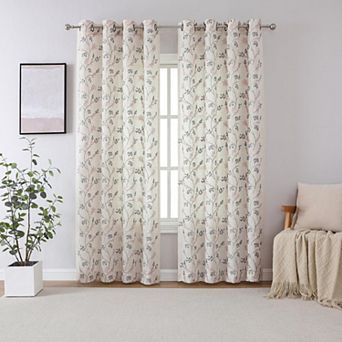 Kate Aurora 1 pc Floral Embroidered Linen Blend Semi Sheer Grommet Window Curtain Panel