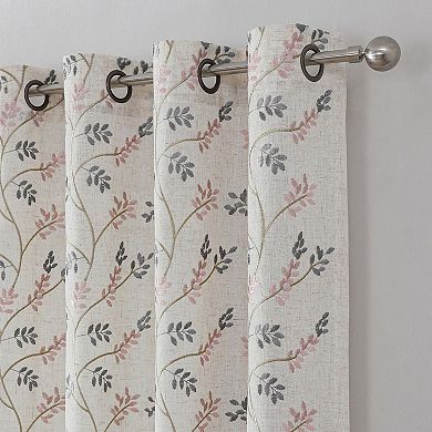Kate Aurora 1 Pc Floral Embroidered Linen Blend Semi Sheer Grommet Window Curtain Panel