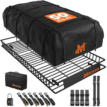 Mockins 90"x50"x6" XXL Roof Rack Basket with 50 Cu.Ft. Rooftop Carrier Bag, Lock, Straps & Carry Bag