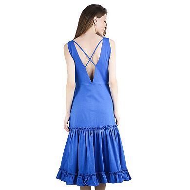 Women's Summer Sleeveless V-Neck Ruffled Midi Knit Lace Dress