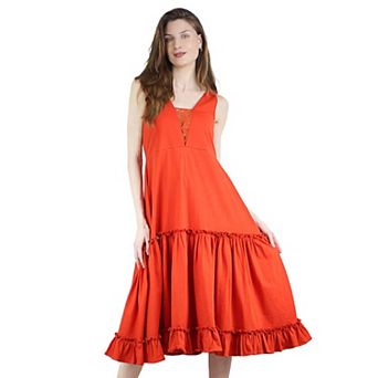 Women's Summer Sleeveless V-Neck Ruffled Midi Knit Lace Dress
