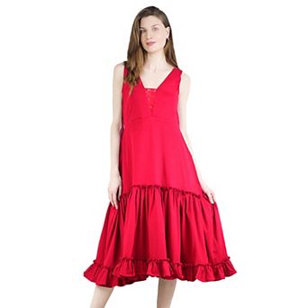 Women's Summer Sleeveless V-Neck Ruffled Midi Knit Lace Dress