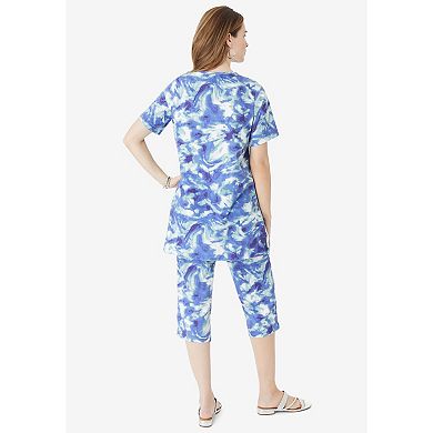 Roaman's Women's Plus Size Printed Henley Capri Set