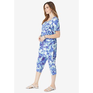 Roaman's Women's Plus Size 2-Piece Printed Henley Top And Capri Set