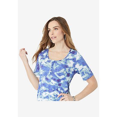 Roaman's Women's Plus Size 2-Piece Printed Henley Top And Capri Set