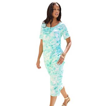 Roaman's Women's Plus Size 2 pc Printed Henley Top And Capri Set