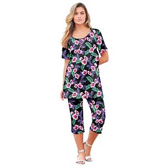 Roaman's Women's Plus Size 2 pc Printed Henley Top And Capri Set