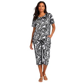 Roaman's Women's Plus Size 2 pc Printed Henley Top And Capri Set