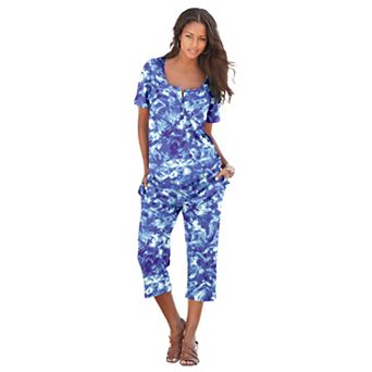 Roaman's Women's Plus Size 2 pc Printed Henley Top And Capri Set