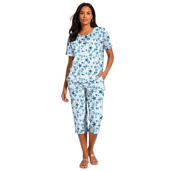Roaman's Women's Plus Size 2 pc Printed Henley Top And Capri Set