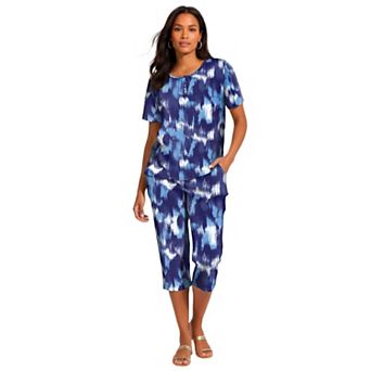 Roaman's Women's Plus Size 2 pc Printed Henley Top And Capri Set