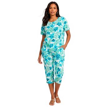 Roaman's Women's Plus Size 2 pc Printed Henley Top And Capri Set