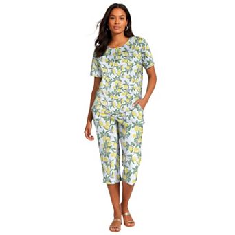 Roaman's Women's Plus Size 2 pc Printed Henley Top And Capri Set
