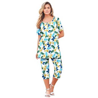 Roaman's Women's Plus Size 2 pc Printed Henley Top And Capri Set