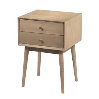 Nali Bedside Nightstand Table, 2 Drawers, Sandblasted Mango Wood, Brass Knobs