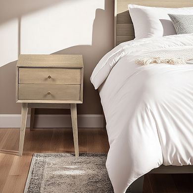 Nali Bedside Nightstand Table, 2 Drawers, Sandblasted Mango Wood, Brass Knobs