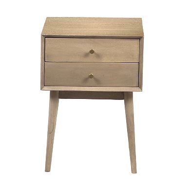 Nali Bedside Nightstand Table, 2 Drawers, Sandblasted Mango Wood, Brass Knobs