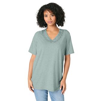 Roaman's Women's Plus Size Embroidered Linen Blend Tee