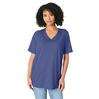 Roaman's Women's Plus Size Embroidered Linen Blend Tee