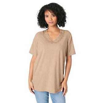 Roaman's Women's Plus Size Embroidered Linen Blend Tee
