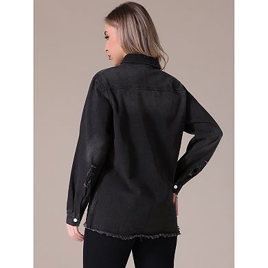 Women's Oversized Denim Jackets Frayed Hem Long Sleeve Button Up with Pockets Jean Jacket