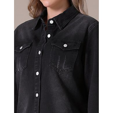 Women's Oversized Denim Jackets Frayed Hem Long Sleeve Button Up with Pockets Jean Jacket